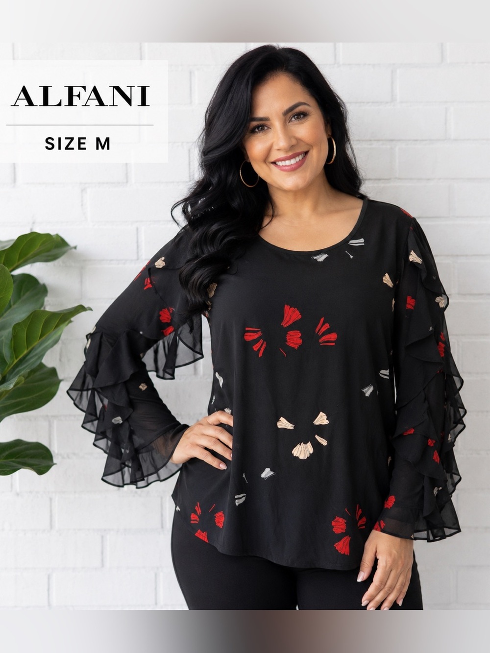 Alfani Black Floral Ruffle Sleeve Blouse Women’s  M Sheer Bell Sleeve Stretch